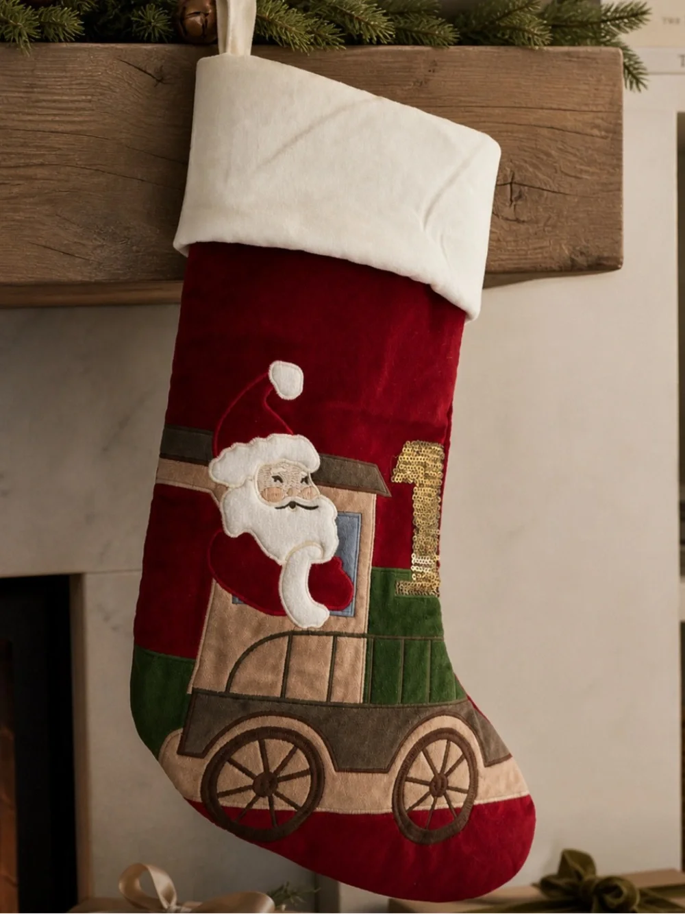 Pottery Barn Santa on Train Christmas Stocking Holiday